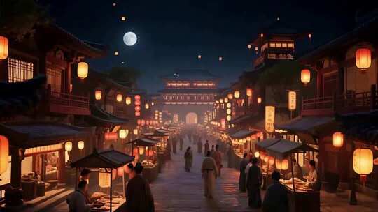 古风街道月夜灯笼集市