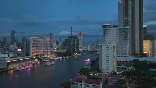 泰国航拍曼谷湄南河CBD城市高楼繁华夜景视频素材模板下载