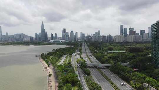 深圳滨海大道城市交通车流航拍