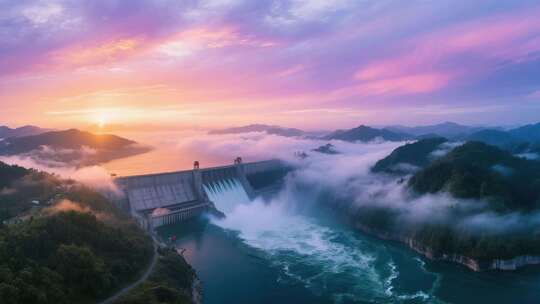 航拍云雾缭绕下的长江三峡大坝日出壮丽延时