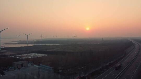 风车 日落 发电车 夕阳 北京北边 秋天 雾霾