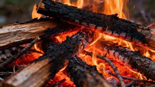 篝火燃烧木炭特写温暖治愈露营氛围