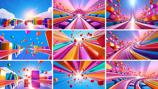 缤纷色彩方块高速抽象空间飞行片头动画背景