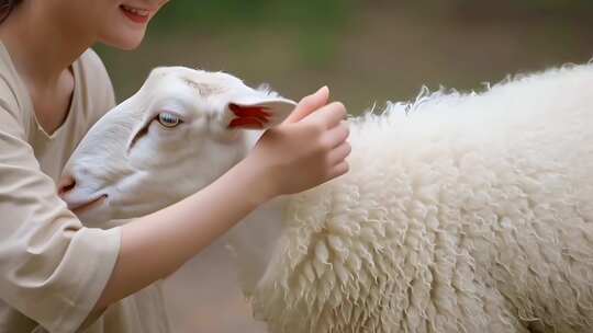 女子抚摸绵羊近景草原羊群羊毛特写