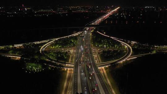 航拍杭州夜晚城市高架桥
