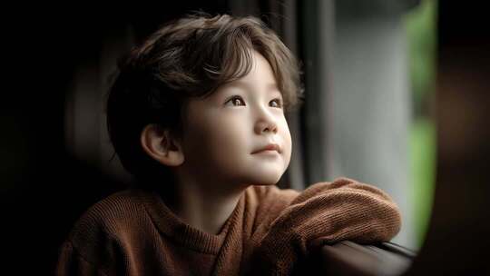 车窗男孩眺望远方充满希望