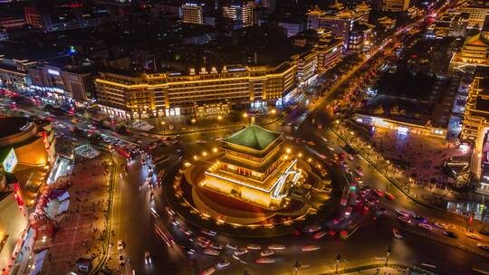 西安钟楼鼓楼夜景航拍延时摄影