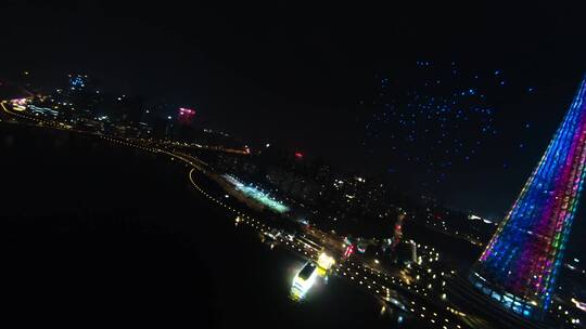 穿越机航拍广州塔边无人机编队表演视频素材模板下载