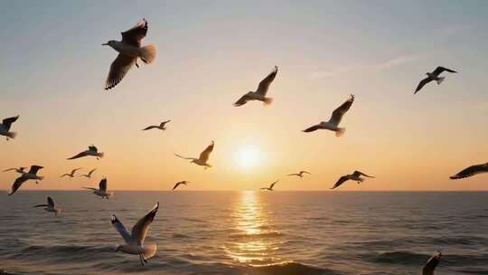 海面上海鸥迎着夕阳飞翔