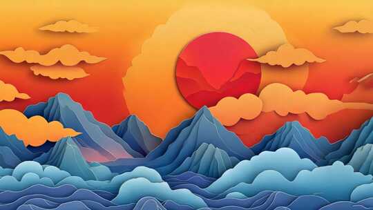 国风山水红日戏曲舞台背景