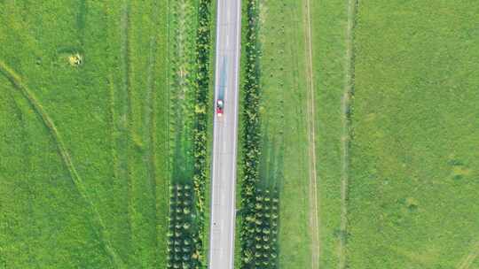 【航拍】草原天路  草原公路上行驶的汽车