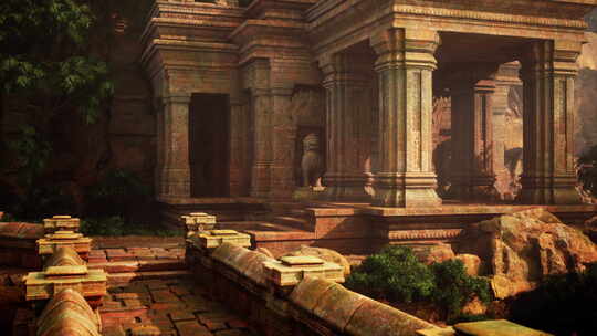 丛林中有多根柱子的古代寺庙遗址