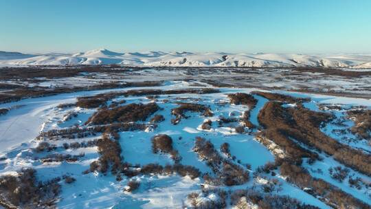 冬季湿地积雪覆盖的远山雪原风光视频素材模板下载