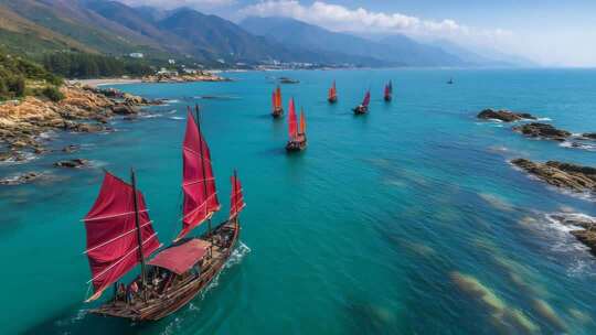 乘风破浪扬帆起航海鸥帆船航行海浪