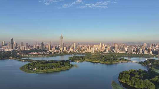 南京玄武湖南京城市日出大景紫峰大厦航拍