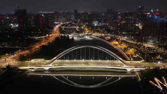 四川成都府河夜景桥梁航拍