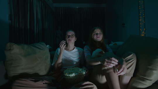 两个女孩坐在家里舒适的沙发上看电视视频素材模板下载