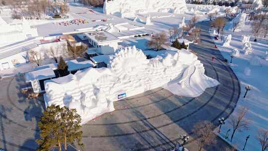 中国黑龙江哈尔滨太阳岛雪博会雪雕航拍