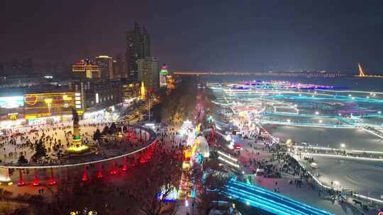 中国黑龙江哈尔滨松花江冰雪嘉年华夜景航拍