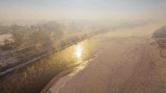 延时航拍吉林雾凇岛晨雾飘飘
