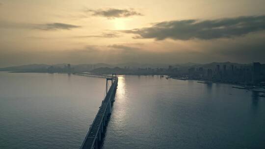 大连星海湾跨海大桥日落城市开场航拍