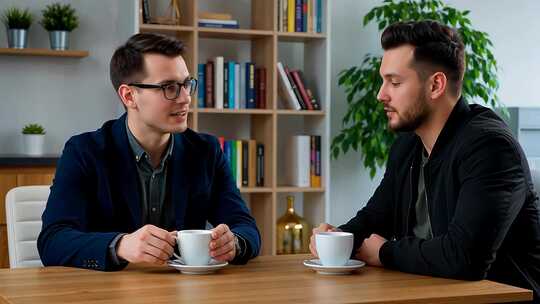 两位男士桌边喝咖啡交谈