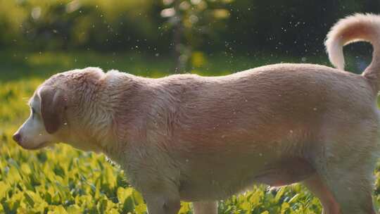 拉布拉多犬在户外晾干自己时摇晃着湿皮毛