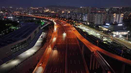 航拍视角高架桥夜景