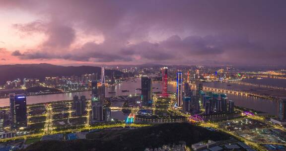 大湾区珠海澳门横琴金融岛夜景航拍延时