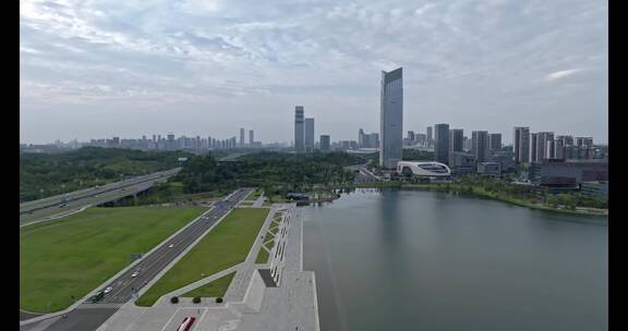 4k高清航拍成都天府新区兴隆湖建筑公园