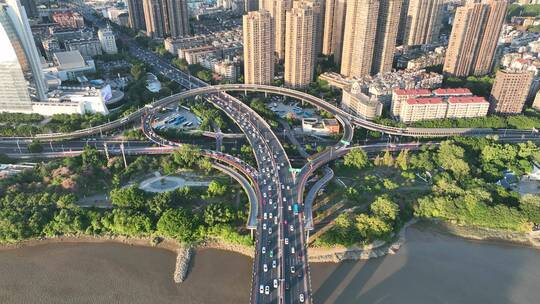 航拍福州闽江尤溪洲大桥道路江景