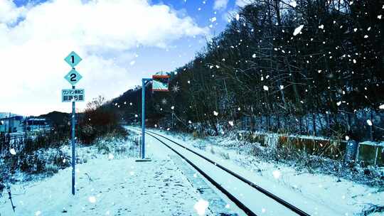 冬日飘雪下的铁轨及周边雪景唯美