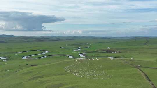 航拍草原河湾牧场羊群视频素材模板下载