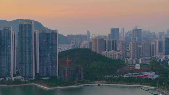 夕阳西下深圳湾航拍日落傍晚黄昏风景风光深