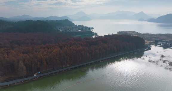 浙江省杭州余杭青山湖晨曦风光航拍