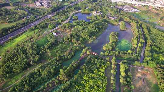 成都白鹭湾湿地公园和城市绿道白昼航拍实时