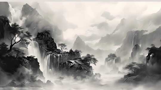 黑白中国风山水水墨画动画