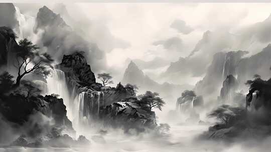 黑白中国风山水水墨画动画视频素材模板下载