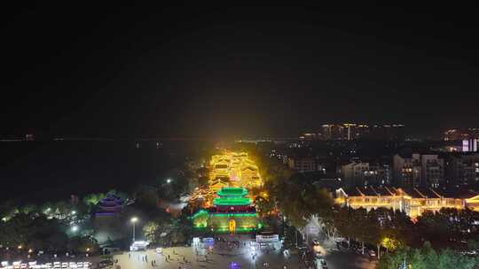 湖南岳阳瞻岳楼汴河街夜景航拍