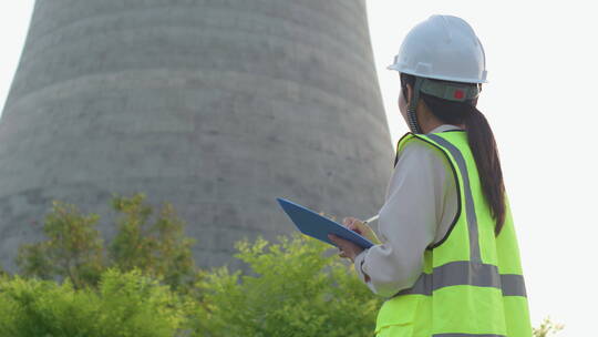 中国人女工程师戴建筑头盔工作记录