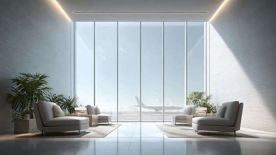 机场贵宾室落地窗外的飞机起飞