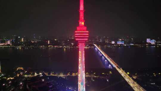 武汉龟山电视塔夜景航拍夜晚汉阳区湖北城市