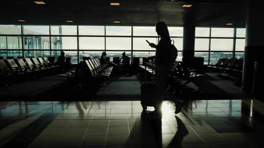 4K 一名女子拉着行李箱走在机场航站楼
