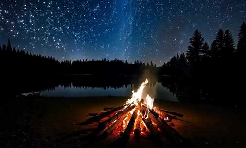 繁星下湖边燃起篝火的户外夜景