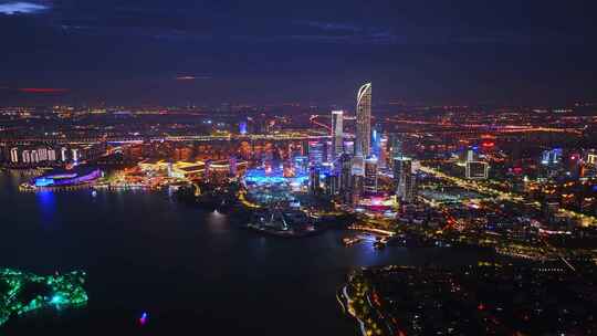 航拍苏州中心CBD金鸡湖东方之门城市夜景