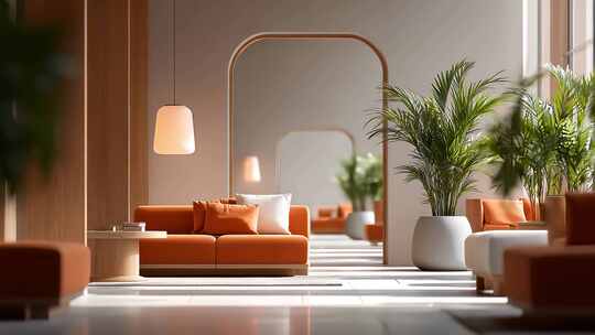 简约明亮休息区沙发绿植光影