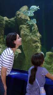 妈妈和女儿在一个大水族馆里看鱼