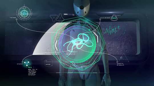 一个外星机器人正在分析一个未知生物的数据