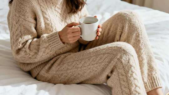 冬日居家床上喝热饮温暖治愈生活场景