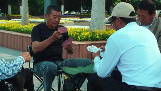 退休老男人在公园里打牌娱乐1视频素材模板下载